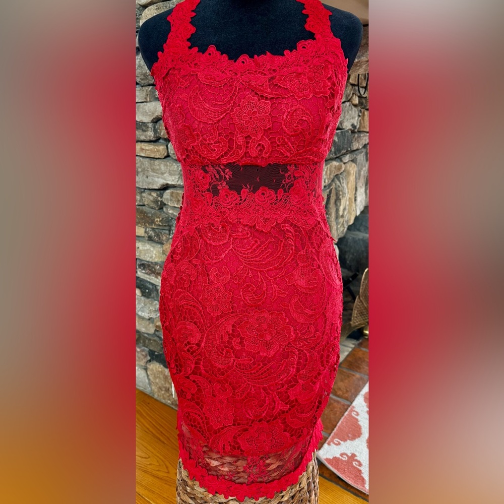 Red Lace Bodycon Dress with Sheer Waist